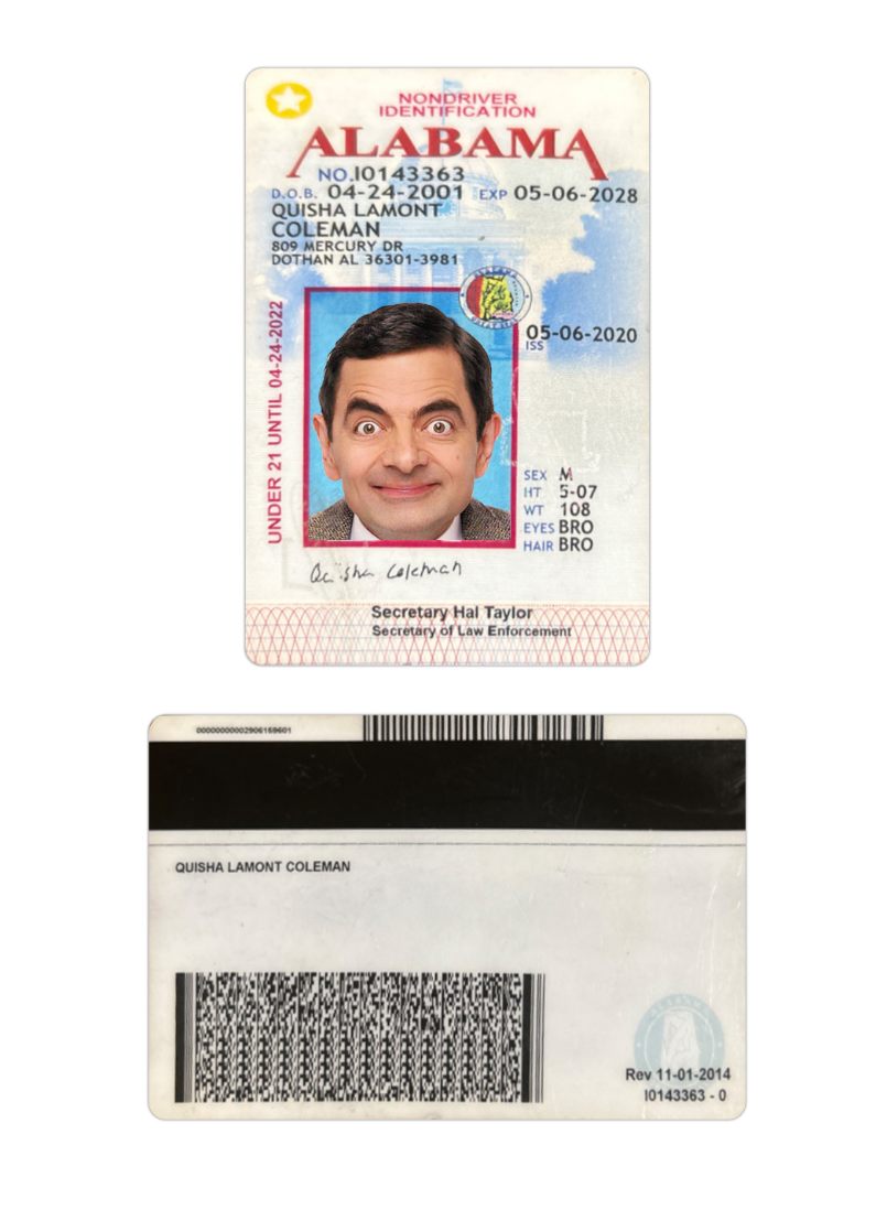 Download USA Alabama  under 21 ID card Photoshop template